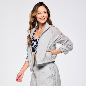 Zumba Out Loud Crop Woven Jacket With Ruched Sleeves